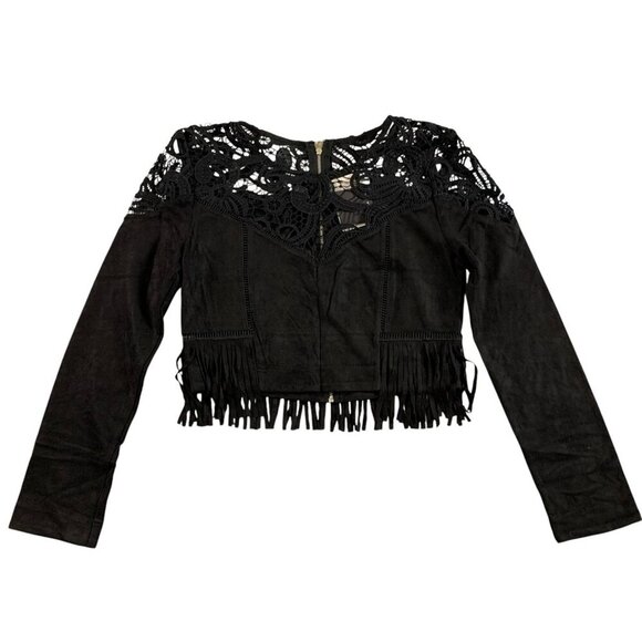 JOA Los Angeles Black Crochet Fringe Crop Jacket Boho Lace Long Sleeve Top XS - Picture 1 of 9